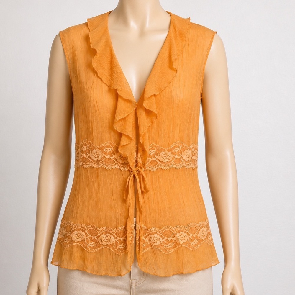 Piano Orange Crinkle Ruffle Lace Sleeveless Blouse Tie Front Sheer Top Medium
